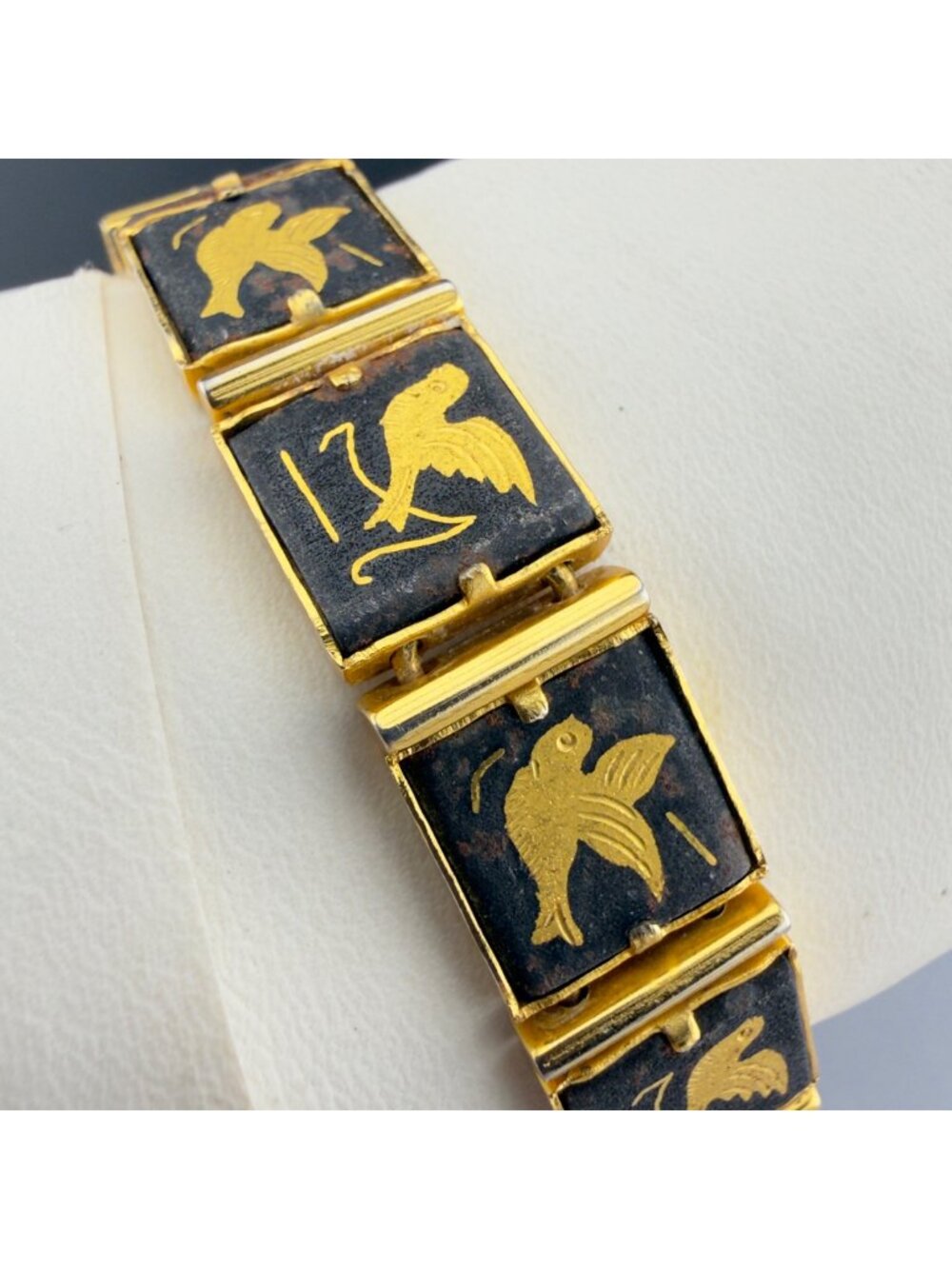Vintage Damascene Bracelet Gold Black Bird Motif Panels 7" READ